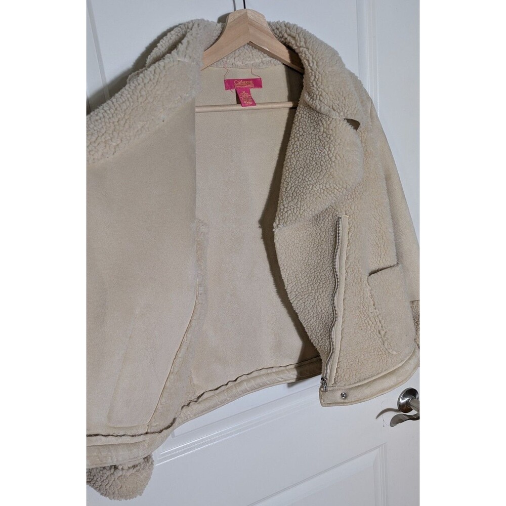 Catherine Malandrino Faux Shearling Moto Jacket Medium Beige Suede Zip - Picture 5 of 10